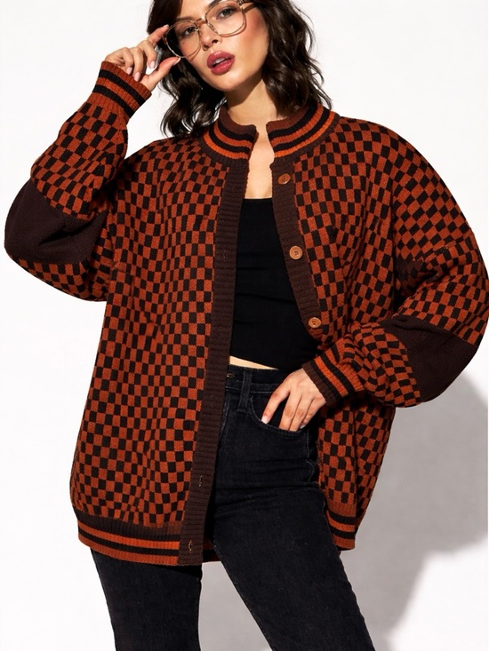Dressed in LALA Sweaters - Dressed in LALA Orange and Brown Checkerboard Knit Cardigan